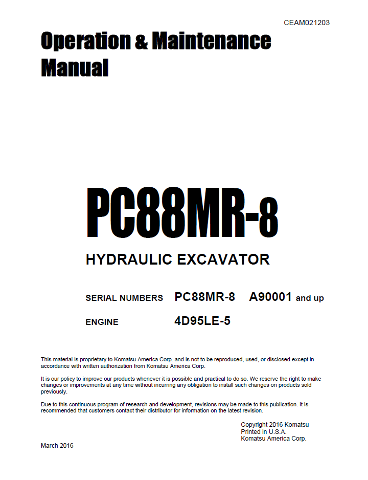 Komatsu PC88MR-8 Excavator Operation Manual CEAM021203 PDF