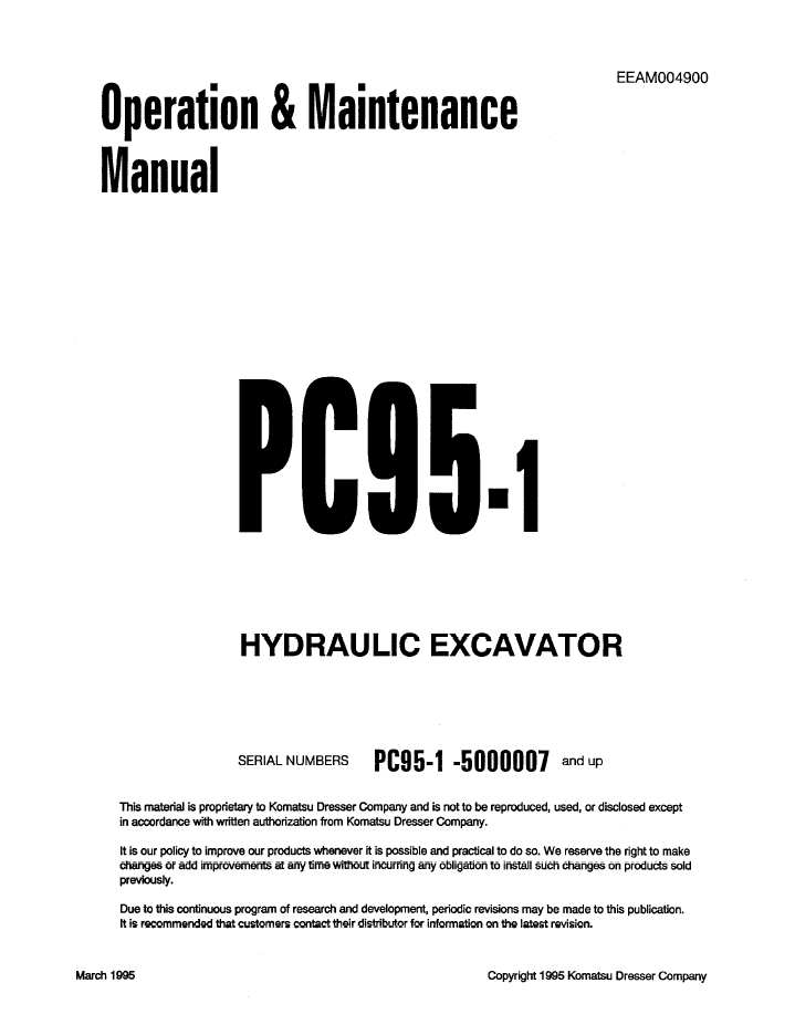 Komatsu PC95-1 Hydraulic Excavator Operation & Maintenance Manual EEAD004900 PDF