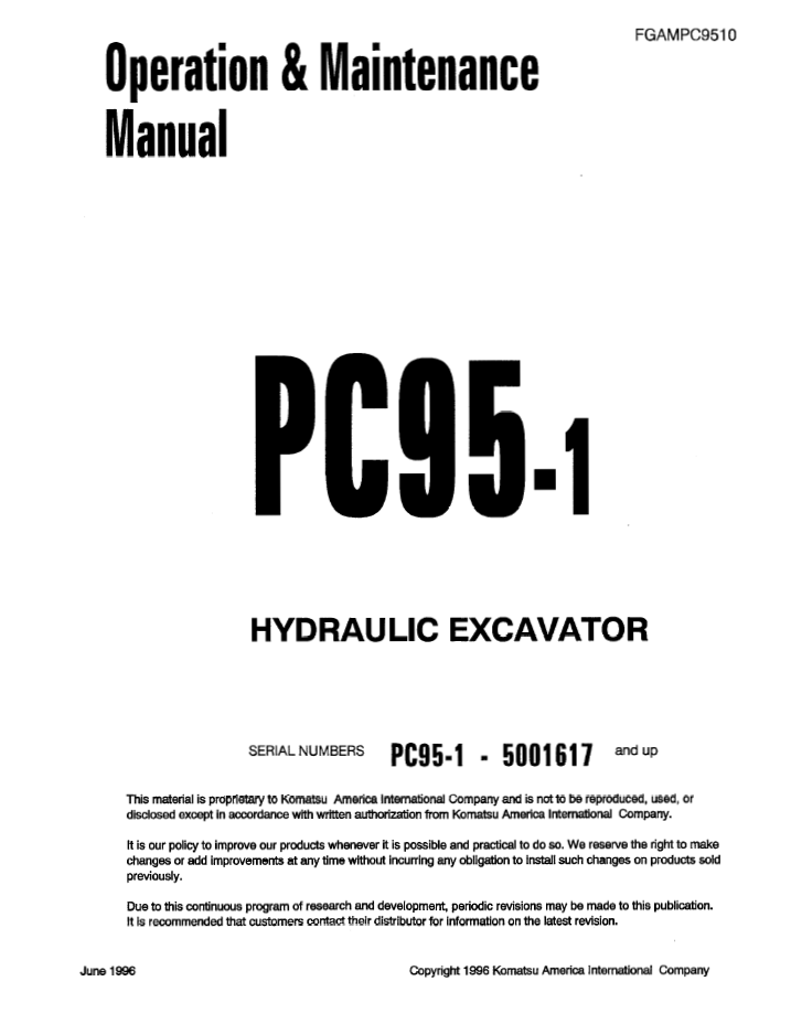 Komatsu PC95-1 Hydraulic Excavator Operation & Maintenance Manual FGADPC9510 PDF