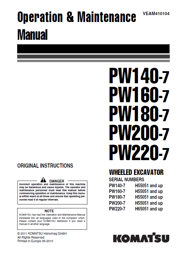 Komatsu PW140-7, PW160-7, PW180-7, PW200-7, PW220-7 Wheeled Excavator Operation & Maintenance Manual [PDF Download]