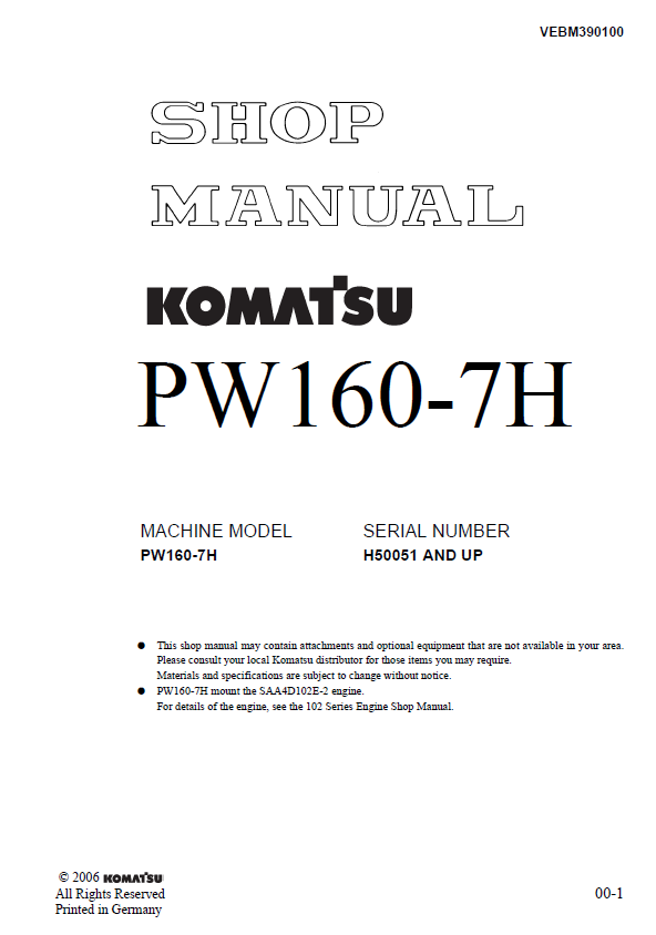 Komatsu PW160-7H Shop Manual PDF – Complete Factory Service & Repair Guide