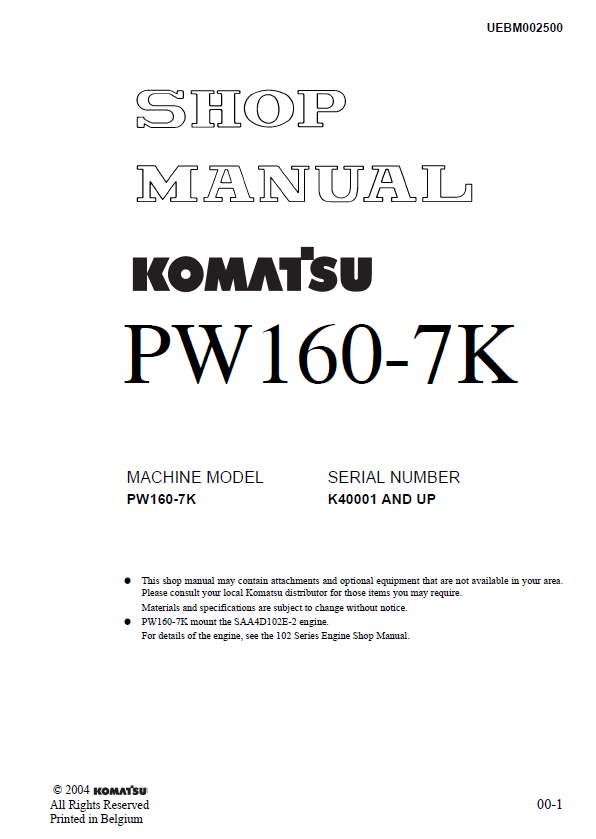 Komatsu PW160-7K Wheeled Excavator Official Shop Manual (PDF)