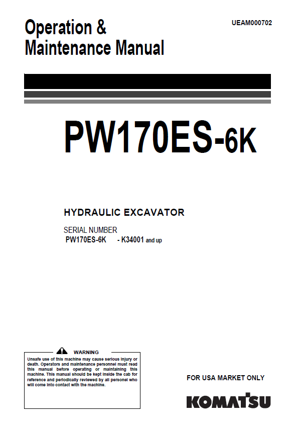 Komatsu PW170ES-6K Hydraulic Excavator Operation & Maintenance Manual (PDF) 