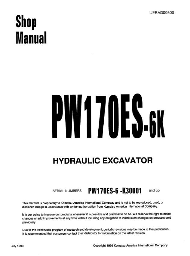 Komatsu PW170ES-6K Hydraulic Excavator Shop Manual (PDF)