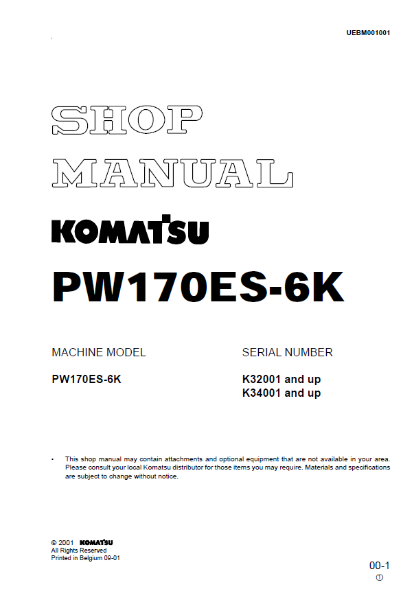Komatsu PW170ES-6K Hydraulic Excavator Shop Manual (PDF Download)
