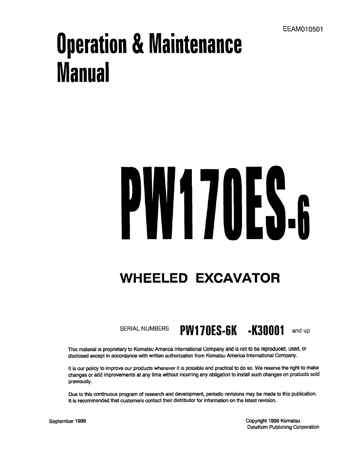 Komatsu PW170ES-6 Wheeled Excavator Operation & Maintenance Manual EEAD010501 PDF