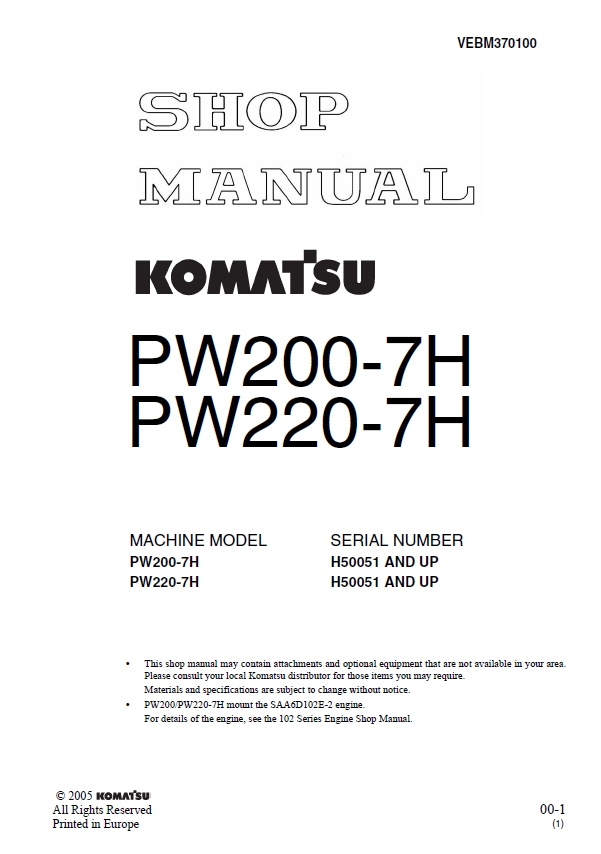 Komatsu PW200-7H & PW220-7H Hydraulic Excavator Shop Manual (PDF)