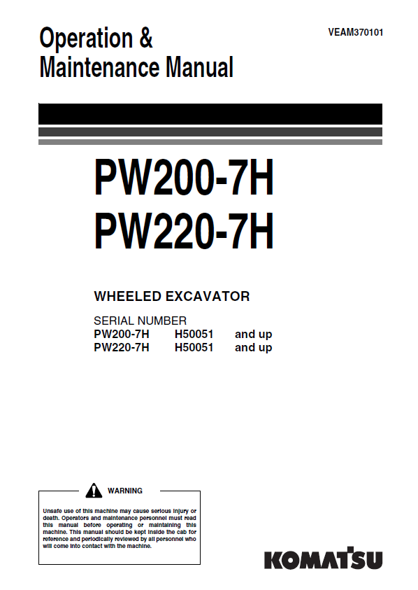 Komatsu PW200-7H & PW220-7H Wheeled Excavator Operation & Maintenance Manual (PDF)