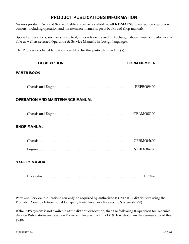 Komatsu PW400MH-6 Excavator Operation & Maintenance Manual PDF