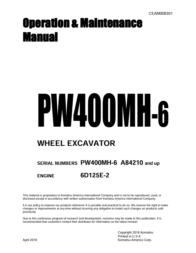 Komatsu PW400MH-6 Wheel Excavator Operation & Maintenance Manual PDF