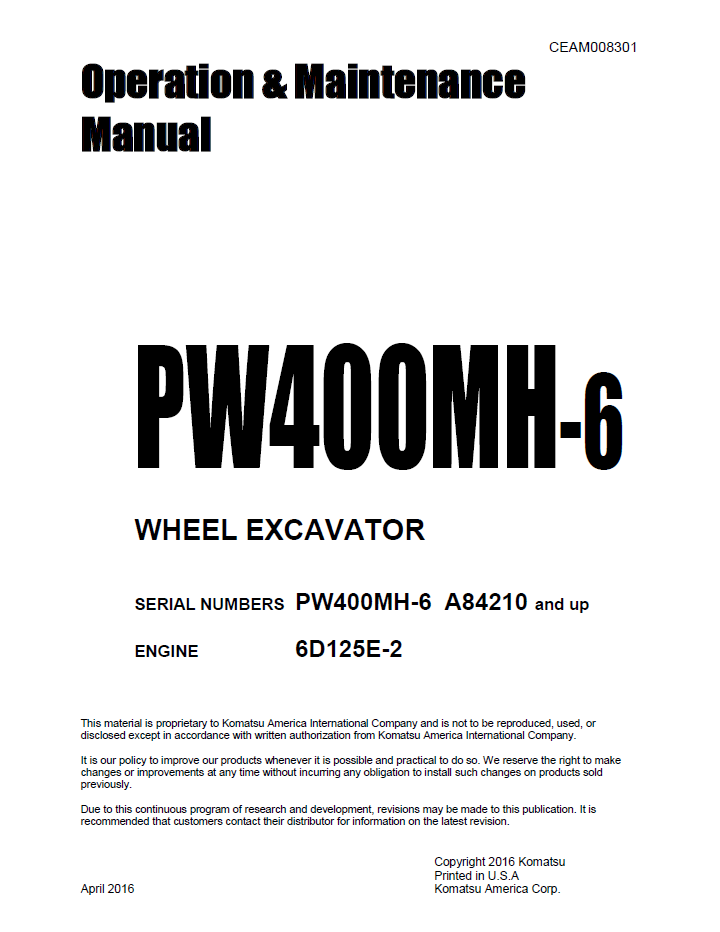 Komatsu PW400MH-6 Wheel Excavator Operation and Maintenance Manual CEAM008301 PDF