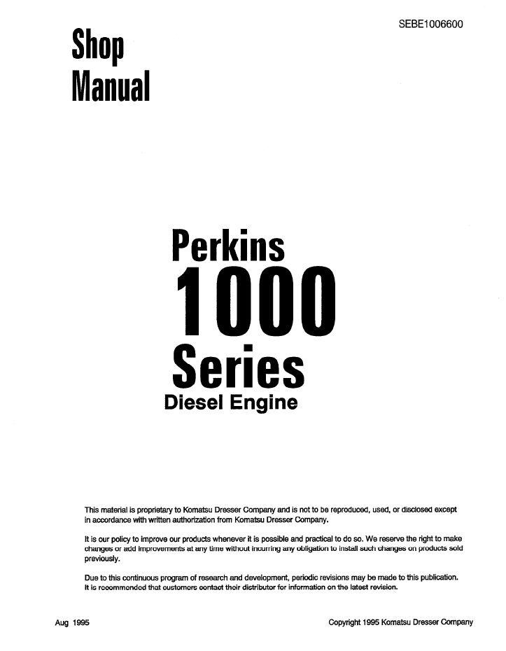 Komatsu Perkins 1000 Series Diesel Engine Shop Service Manual (SEBD1006600) - PDF