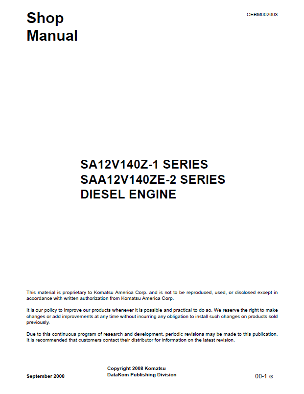 Komatsu SA12V140Z-1 Engine Repair Manual CEBM002603 PDF