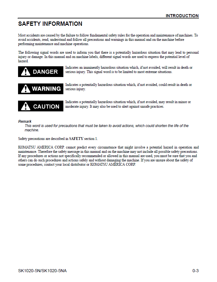 Komatsu SK1020-5NA / SK1020-5N Skid Loader Service & Maintenance Manual (CEAM013902)
