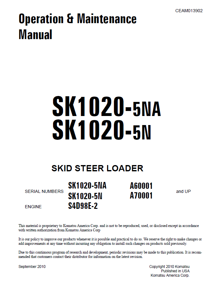 Komatsu SK1020-5NA, SK1020-5N Skid Steer Loader Operation and Maintenance Manual CEAM013902 PDF