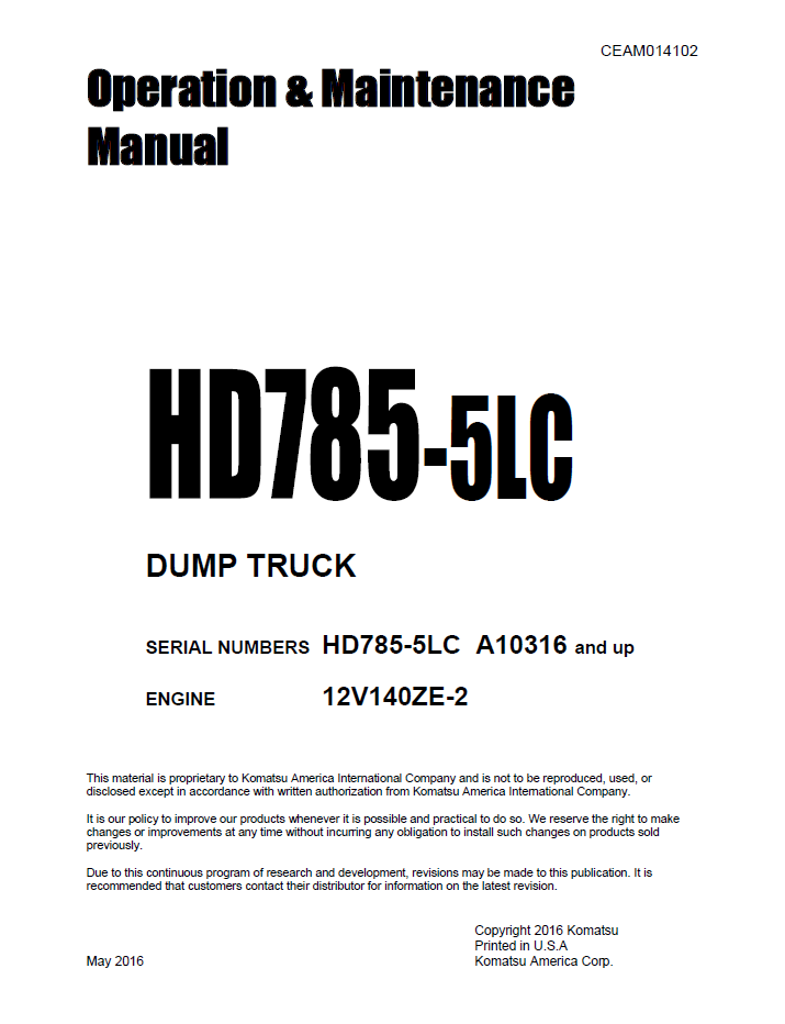 Komatsu SK1020-5NA, SK1020-5N Skid Steer Loader Operation and Maintenance Manual CEAM014102 PDF