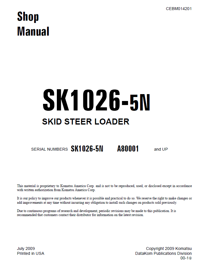Komatsu SK1026-5N Skid Steer Loader Shop Manual CEBM014201 PDF