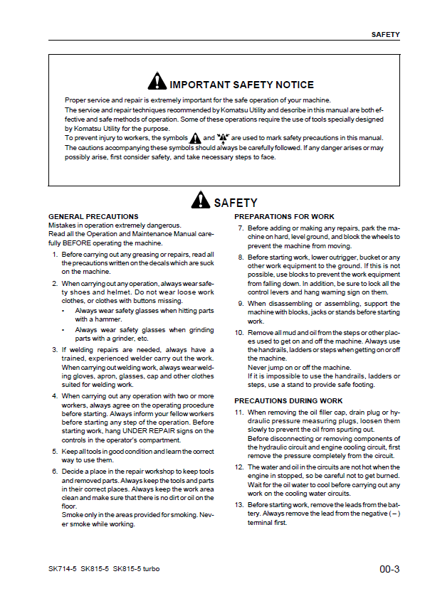 Komatsu SK714-5 / SK815-5 / SK815-5 Turbo Skid Steer Official Repair Manual