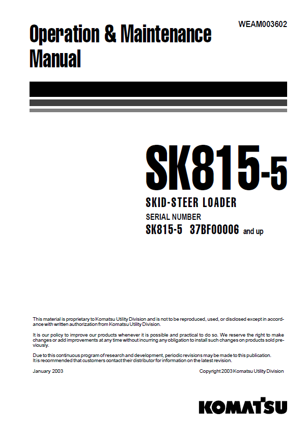 Komatsu SK815-5 Skid Steer Loader Operation & Maintenance Manual PDF