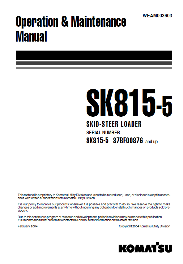 Komatsu SK815-5 Skid Steer Loader Operation & Maintenance Manual PDF (WEAM003603)