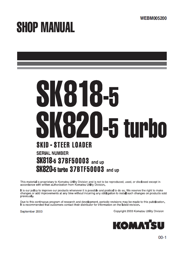Komatsu SK818-5 & SK820-5 Turbo Skid-Steer Loader Official Shop Repair Manual (PDF)