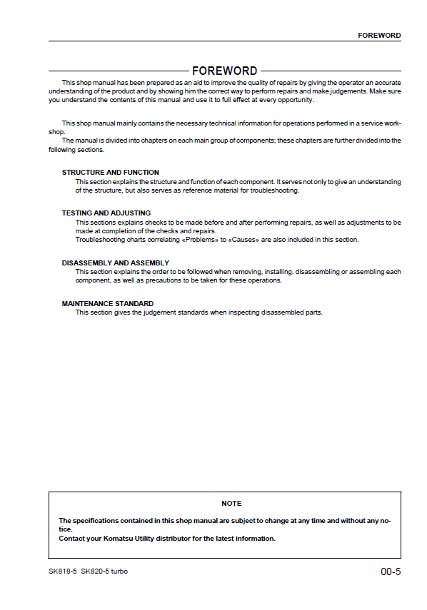 Komatsu SK818-5 and SK820-5 Turbo Skid Steer Shop Service Manual [PDF]