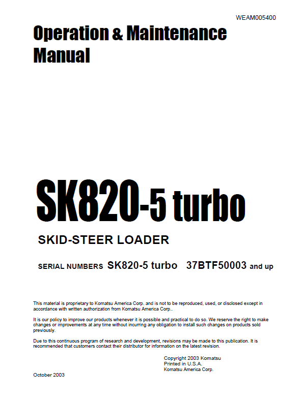 Komatsu SK820-5 Turbo Skid-Steer Loader Operation & Maintenance Manual (PDF)