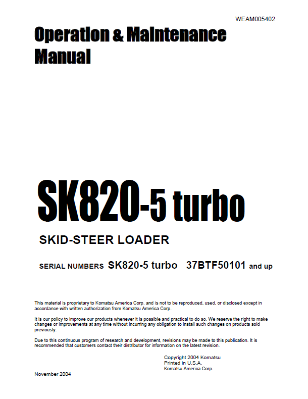 Komatsu SK820-5 Turbo Skid-Steer Loader Operation & Maintenance Manual (WEAM005402 PDF)