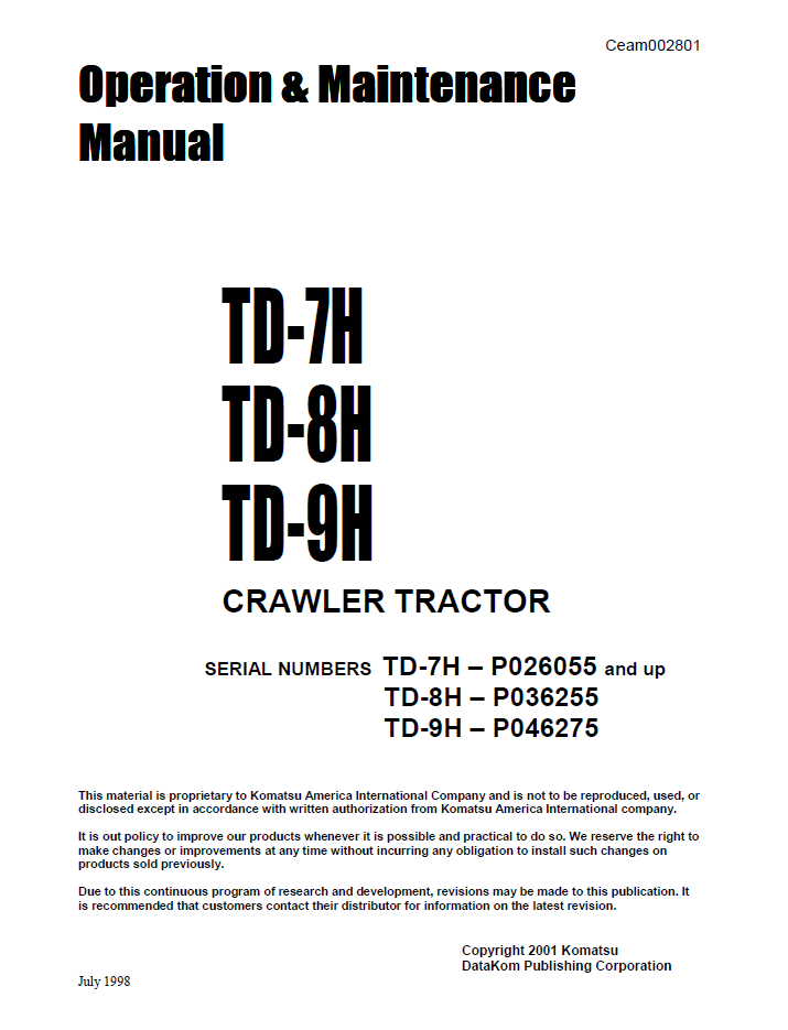 Komatsu TD-7H TD-8H TD-9H Manual CEAD002801 PDF