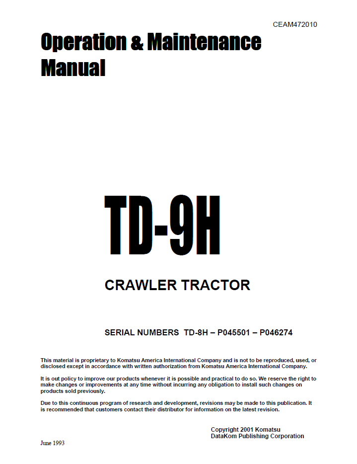 Komatsu TD-9H Crawler Tractor Operation & Maintenance Manual CEAD472010