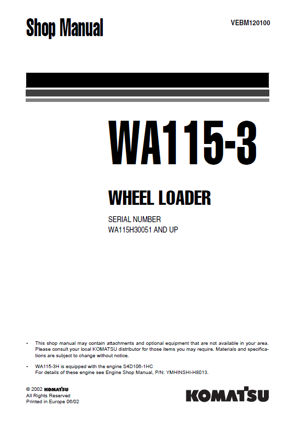 Komatsu WA115-3 Wheel Loader Workshop Repair Manual (PDF)