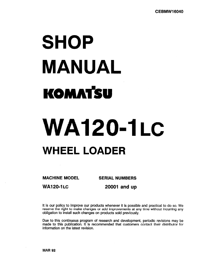 Komatsu WA120-1LC Wheel Loader Shop Manual CEBDW16040 PDF