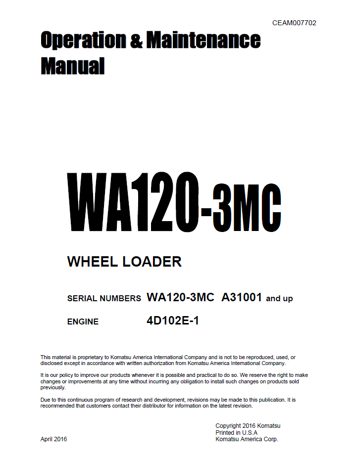 Komatsu WA120-3MC Wheel Loader Operation and Maintenance Manual CEAM007702 PDF