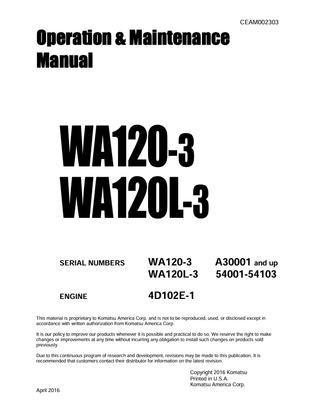 Komatsu WA120-3, WA120L-3 Operation & Maintenance Manual PDF
