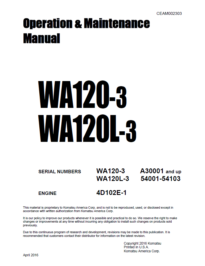 Komatsu WA120-3 WA120L-3 Wheel Loader Operation and Maintenance Manual CEAM002303 PDF