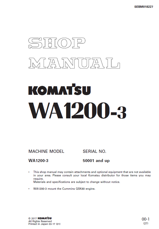 Komatsu WA1200-3 Engine Shop Manual SEBM018227 PDF