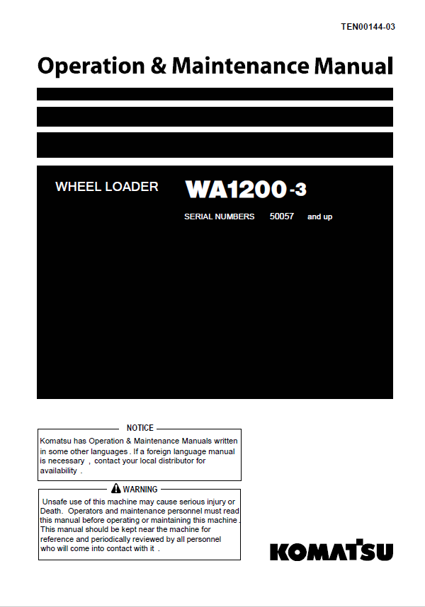 Komatsu WA1200-3 Wheel Loader Operation & Maintenance Manual PDF