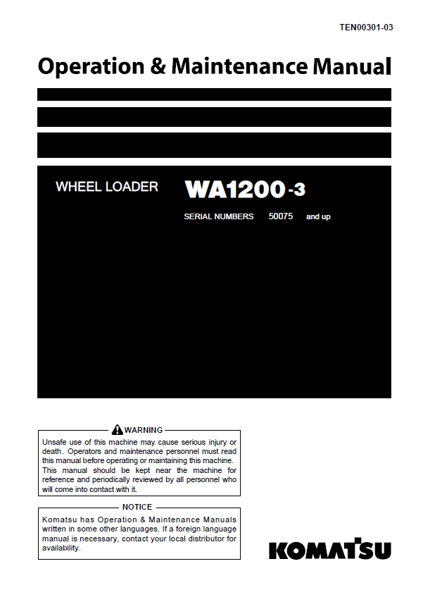 Komatsu WA1200-3 Wheel Loader Operation & Maintenance Manual PDF
