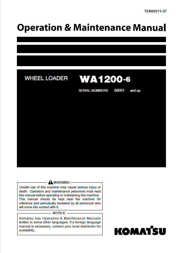 Komatsu WA1200-6 Wheel Loader Operation & Maintenance Manual PDF TEN00511-07