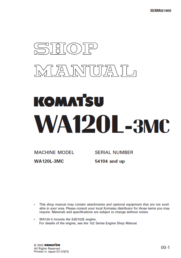 Komatsu WA120L-3MC Engine Shop Manual SEBM021800 PDF