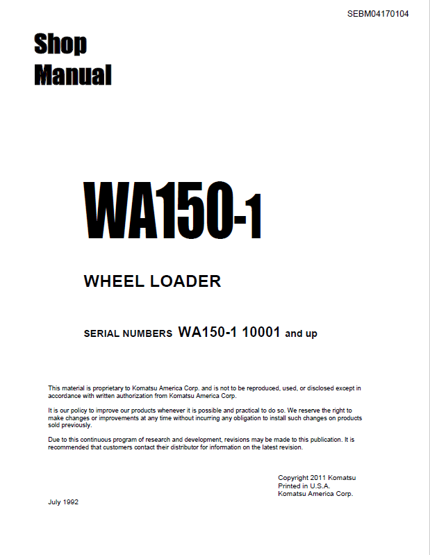 Komatsu WA150-1 Wheel Loader Shop Manual SEBM04170104