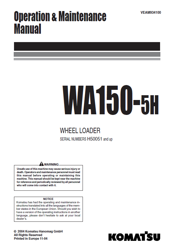 Komatsu WA150-5H Wheel Loader Operation & Maintenance Manual (PDF)