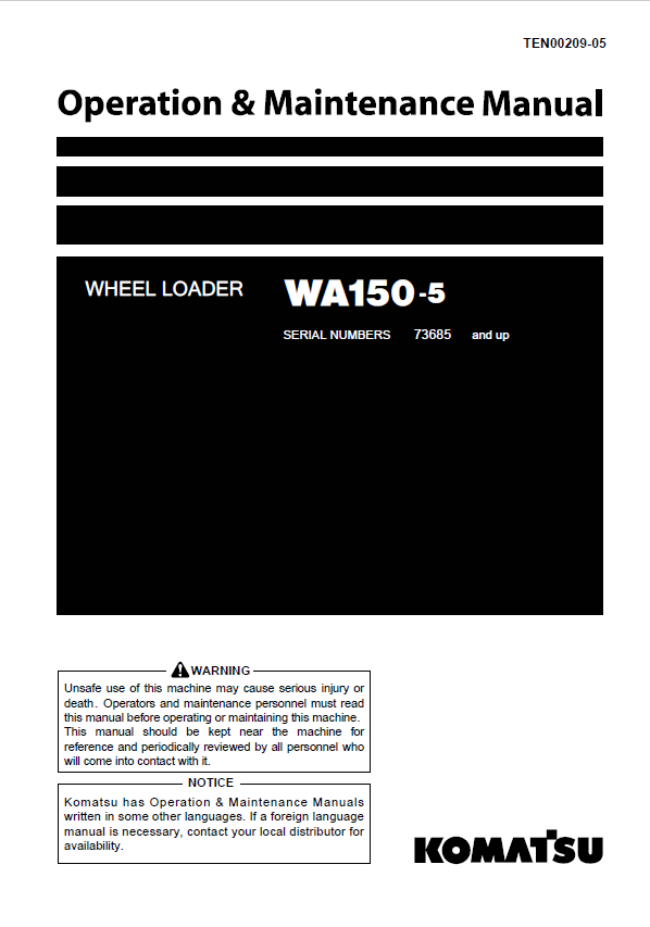 Komatsu WA150-5 Wheel Loader Operation & Maintenance Manual PDF
