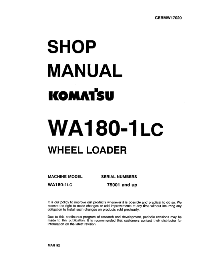 Komatsu WA180-1LC Wheel Loader Shop Manual CEBDW17020 PDF