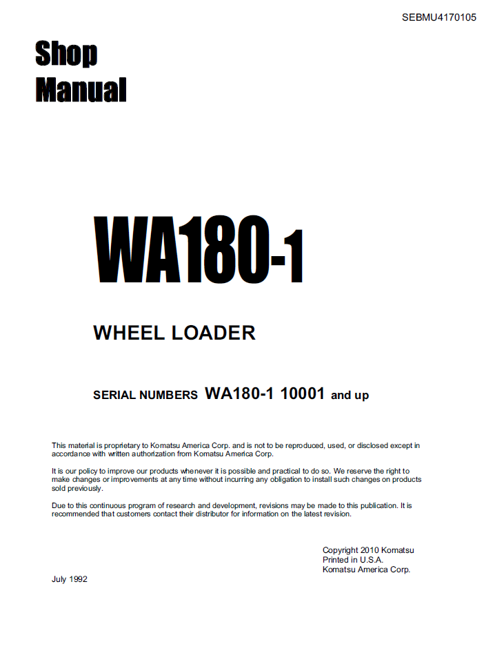 Komatsu WA180-1 Wheel Loader Service Manual SEBMU4170105