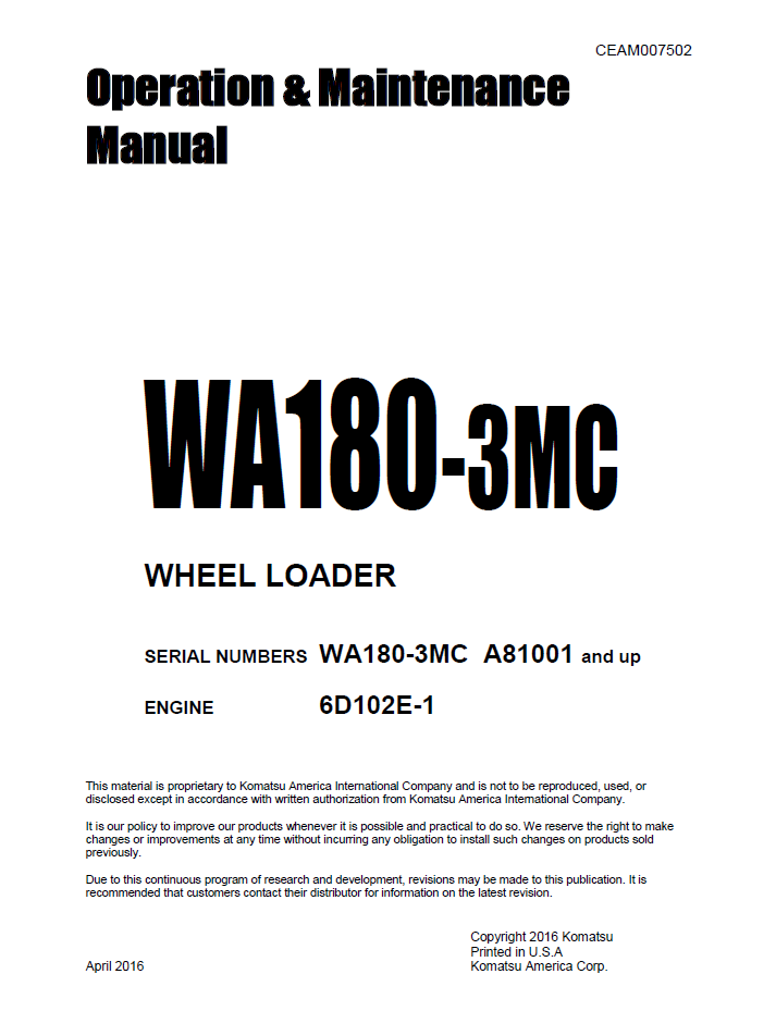 Komatsu WA180-3MC Wheel Loader Operation and Maintenance Manual CEAM007502 PDF