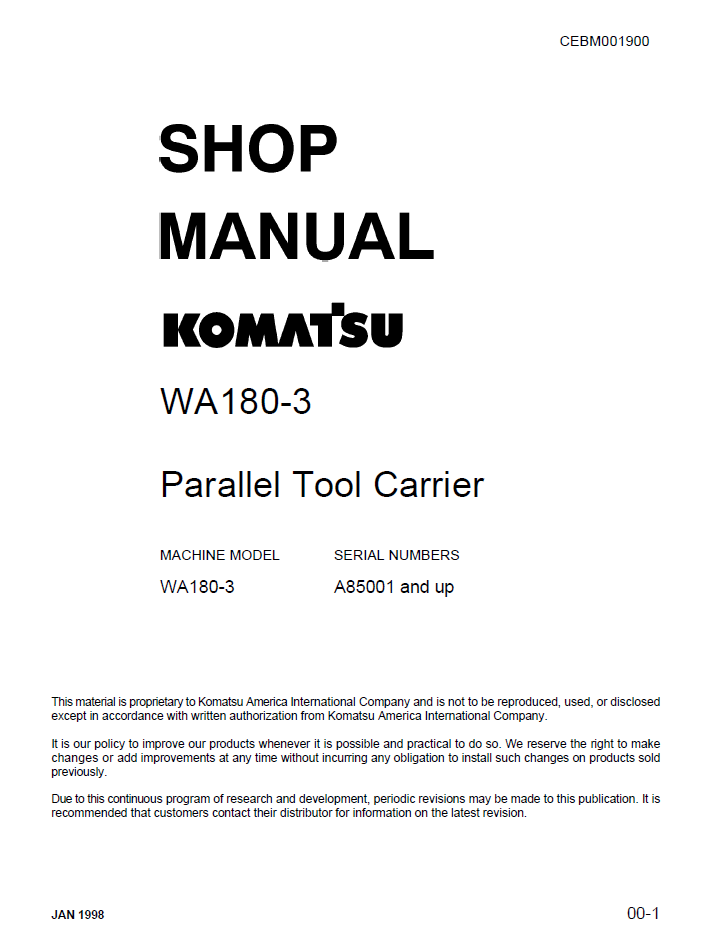 Komatsu WA180-3 Shop Manual CEBD001900 PDF