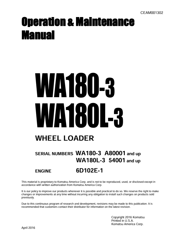 Komatsu WA180-3 WA180L-3 Wheel Loader Operation Manual PDF