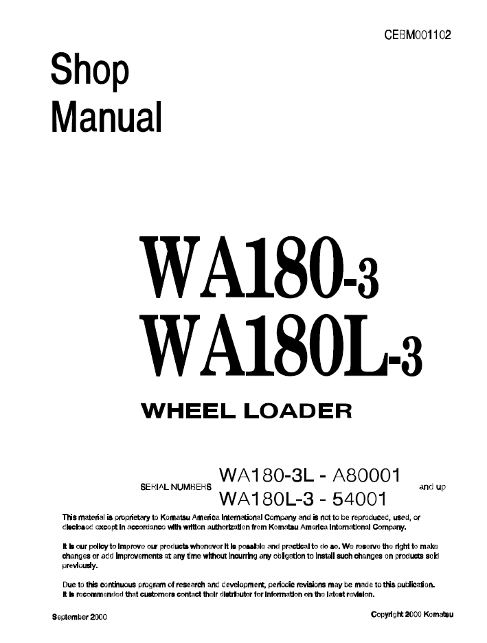 Komatsu WA180-3 WA180L-3 Wheel Loader Shop Manual CEBD001102 PDF