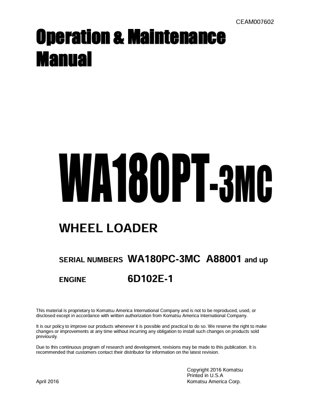 Komatsu WA180PT-3MC Wheel Loader Operation & Maintenance Manual PDF